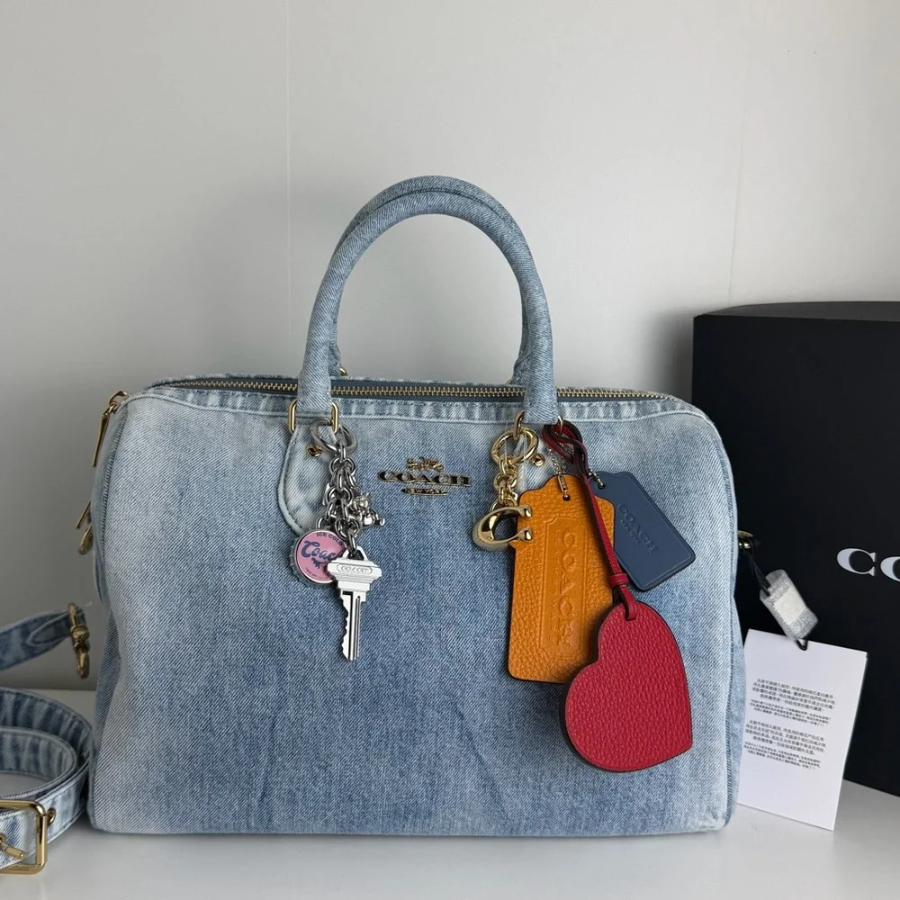 NWT Coach Rowan Large Satchel Bag In Loved Denim With Charms - Picture 15 of 15